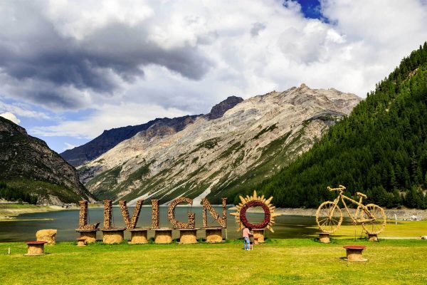 Scultura di legno e paglia con la scritta "LIVIGNO" ai piedi di montagne e un lago alpino.