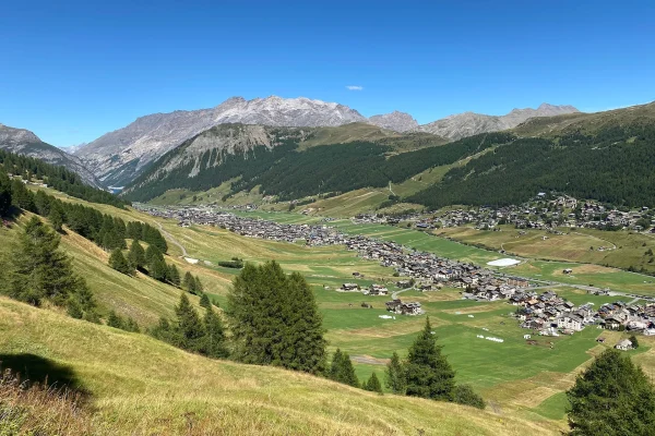 Panorama di una valle alpina con un villaggio circondato da montagne verdi e cieli azzurri.